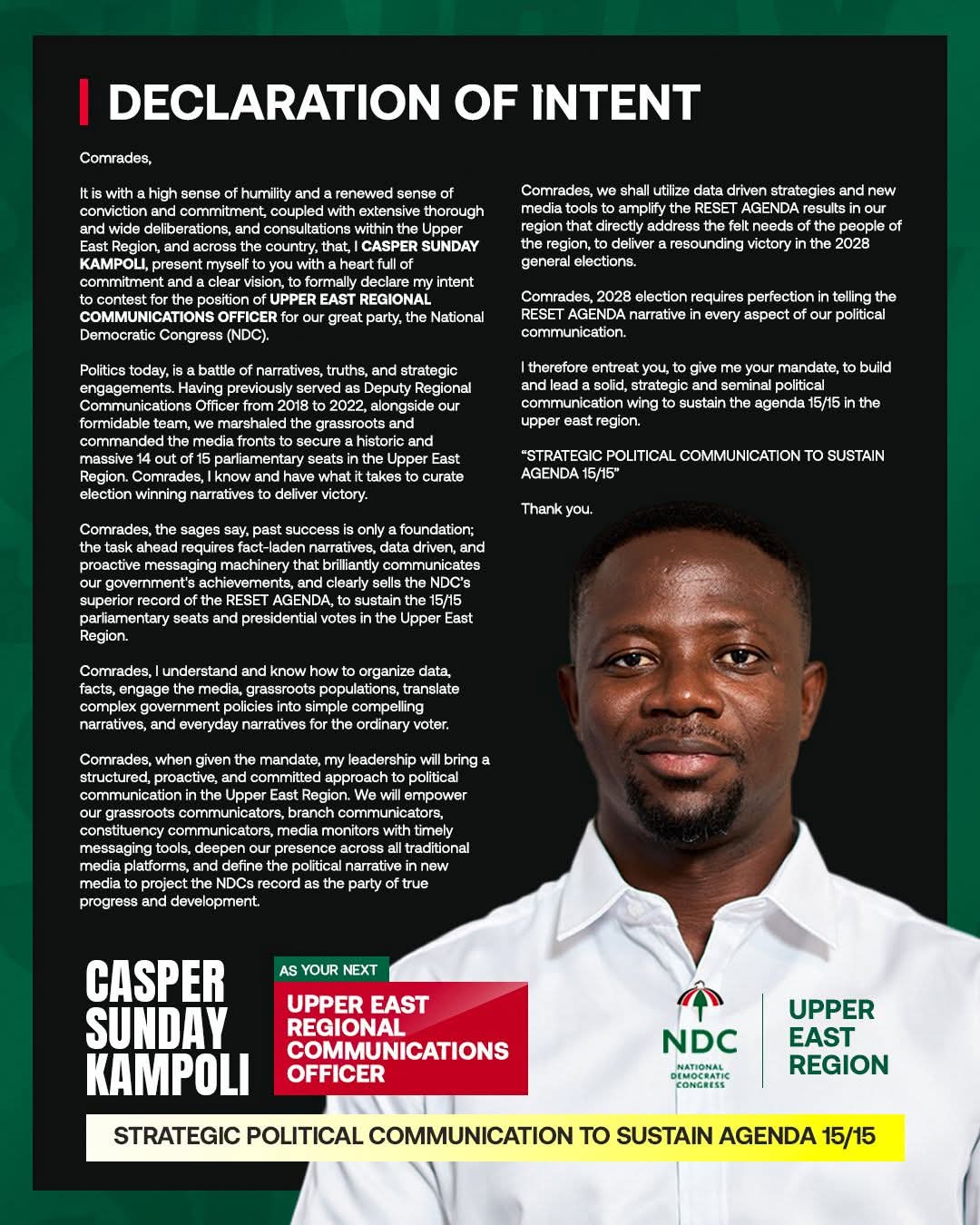 “I’m Ready to Take the NDC’s Message to Every Corner” — Casper Sunday Kampoli Declares Intent for NDC Upper East Communications Officer
